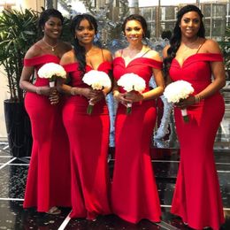 Red Satin African Mermaid Bridesmaid Dresses Off The Shoulder Capped Spaghetti Straps Maid Of Honor Dress Custom Made Wedding Party Dress