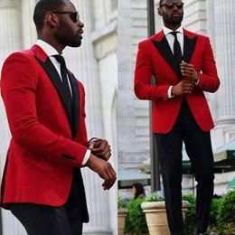 Fashion Red Groom Tuxedos 2019 One Button Groomsmen Black Peaked Lapel Men Suits Wedding/Prom Best Man Blazer ( Jacket+Pants+Tie)