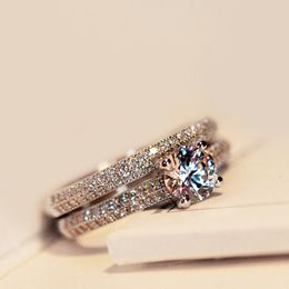 2PCS / set Bamos Luxury Female White Bridal Wedding Ring Fashion 925 Silver Filled Jewellery Promise CZ Stone Engagement Rings For Women