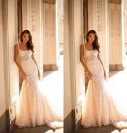 Newest Mermaid Millanova Wedding Dresses Spaghetti Sleeveless Tulle Lace Sequins Crystal Wedding Gowns Sweep Train robe de mariée