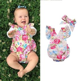 Newborn Toddler Baby Girls Floral Romper Bodysuit with Hairwrap Head Band Summer Sleeveless Jump Suit Climbing One-piece Clothes D3304