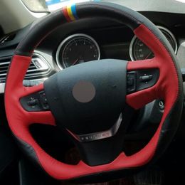Black Red Genuine Leather DIY Hand-stitched Car Steering Wheel Cover for Peugeot 408 2014 2015