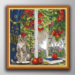 Cat on the window Handmade Cross Stitch Craft Tools Embroidery Needlework sets counted print canvas DMC 14CT /11CT