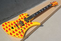 Factory Custom Yellow Electric Guitar with Red Heart Pattern,Gold Hardware,Rosewood Fretboard,Can be Customized