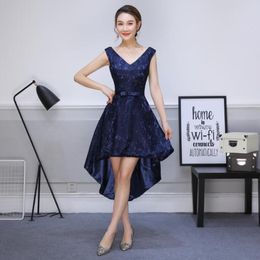 Dark Navy Hi-Lo Bridesmaid Dresses Lace V-neck Empire Waist Maid of Honour With Sash Honour Bridal Gowns