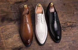 White Black brown Men Fashion Dress Leather Shoes Lace-Up Wedding Party Shoes Mens Business Office Oxfords Flats