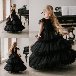 Black Beaded Tiered Flower Girl Dresses For A Line Keyhole Back Wedding Pageant Gowns Tulle Floor Length First Communion Dress