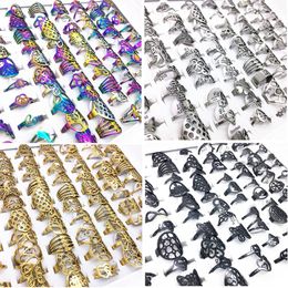 wholesale 50pcs stainless steel rings Mix Styles silver gold black multicolor Laser Cut Steel Finger ring for men women drop shipping crown