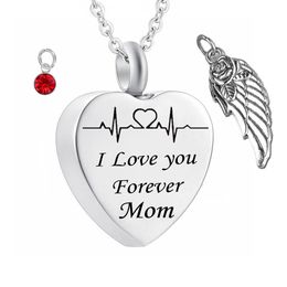 ' I love you Forever' Heart cremation Memorial ashes urn birthstone necklace jewelry Angel wings keepsake pendant for Mom