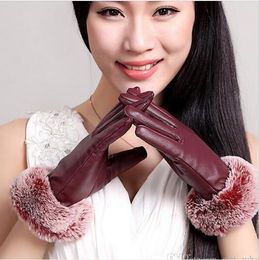 Fashion- Outdoor Sports Designer Fur Leather Five Fingers Gloves Solid Colour Winter Outdoor Warm Real Leather Gloves