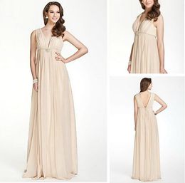 Simple Custom Made A-line V-neck Floor-length Crystal Brooch Chiffon Over Elastic Satin Maternity Bridesmaid Dress Wedding Party Dress