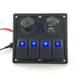 4 gang Switch panel 12V power Socket Double USB Power Charger Adapter blue LED Aluminium rocker switch Panel for RV Boat