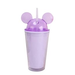 Mouse ear plastic bottle children Travel Cup with straws Juice Wine Glass Kids Baby Cartoon Cute Plastic double layer bottle KKA7916