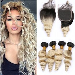 Blonde Ombre Loose Wave 4Bundles Brazilian Virgin Hair and Closure 5Pcs Lot #1B/613 Ombre Blonde Human Hair Lace Closure 4x4 with Weaves