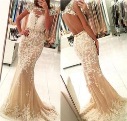 Elegant Appliqued Backless Evening Dresses 2019 Saudi Arabia Dubai Champagne Holiday Wear Formal Party Pageant Prom Gowns Plus Size