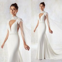 Eddy K Bridal Jackets Custom Made High Collar Lace Appliqued Wedding Cape Shawls Women Long Wraps for Formal Dresses