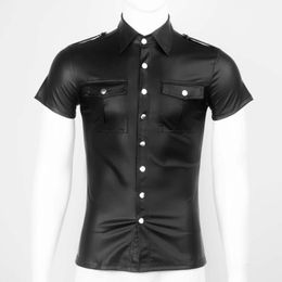 Sexy Black Faux Leather Shirt Wet Look Stretch Undershirt Latex Novelty Pocket Short Sleeve Uniform Clubwear Stage Costume Gay Clothing