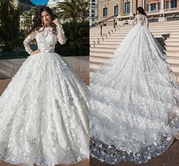 3D Floral Lace Appliques Ball Gown Wedding Dresses 2021 Arabic Long Sleeve Buttons Back Bridal Gown Chapel Train Vestidos De Novia AL5520