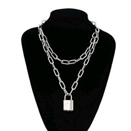 Double layer Lock Chain necklace grunge punk 90s link chain silver gold Colour padlock pendant necklace women aesthetic egirl Jewellery