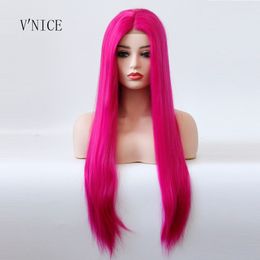 Middle Part Wig Hand Tied Rose Red Colour Straight Heat Resistant Hair Cosplay Drag Queen Glueless Synthetic Lace Front Wigs Y190717