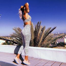 2019 Women Sexy Leopard Workout Jumpsuits Female Fitness Sporting Bodysuit Crop Top And Casual Two Piece Sets