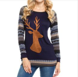 Christmas T Shirts Elk Xmas Deer Head Shirts Women Casual Loose Tops Tees Fashion Long Sleeve Blouse Designer Women Clothes YL939