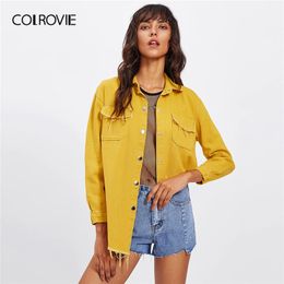 COLROVIE Yellow Solid Single Breasted Button Casual Denim Jacket Women Outwear 2019 Spring Streetwear Frayed Edge Pocket Coats
