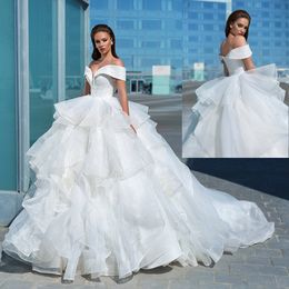 2020 New Arrival Wedding Gowns Off Shoulder Zipper A Line Sweep Train Tulle Wedding Dresses Plus Size Tiers Sequins Bridal Gown