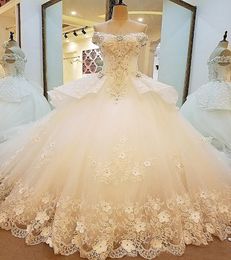 Bridal Gown With Peplum Off The Shoulder V-Neck Beading 3D Flowers Ball Gown Lace A Line Wedding Dress Actual Images Wed Dress Wed