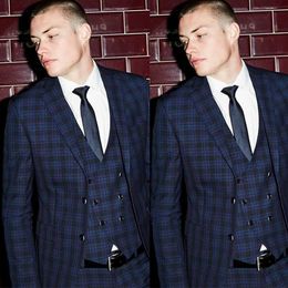Handsome Blue Glen Plaid Mens Suit 3 Pieces Two Button Groom Wear For Wedding Notched Lapel Best Men Formal Prom Party Tuxedos