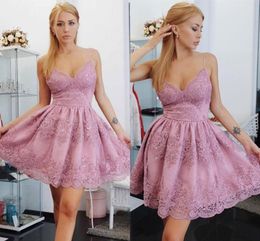 Sexy Pink V Neck Short Homecoming Dress Spaghetti Straps Appliques Lace Above Knee Length Cocktail Party Dress Graduation Dress