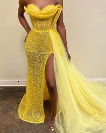 Aso Ebi 2020 Arabic Yellow Luxurious Sparkly Evening Dresses Beaded Mermaid Prom Dresses High Split Formal Party Second Reception Gowns ZJ53
