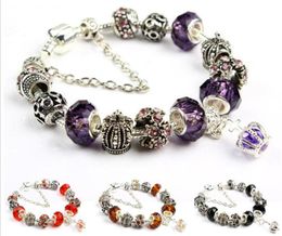 18 19 20 21CM Charm Bracelet 925 Silver plated Pandora Bracelets Royal Crown Accessories Purple Crystal Bead Diy Wedding Jewellery