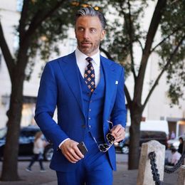 New Hot Selling One Button Royal Blue Groom Tuxedos Peak Lapel Groomsmen Mens Wedding Business Prom Suits (Jacket+Pants+Vest+Tie) 640
