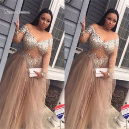 silver graduation dress Canada - A-line Plus Size Off Shoulder Evening Dresses Long Sleeves Sweep Tulle Beads Prom Dresses Custom Made