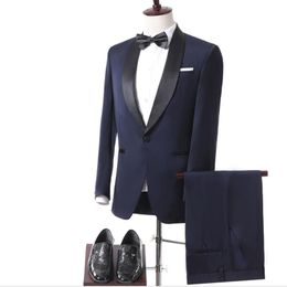 2019 New Dark Blue Formal Tuxedos Suits Shawl Lapel Men Wedding Suit Slim Fit Business Groom Suit Set (Jacket+Pants +Bow)