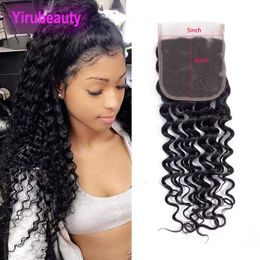 Peruvian Unprocessed Human Hair 5X5 Lace Closure Deep Wave Curly Middle Three Free Part Natural Colour Lace Size