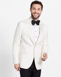 Ivory Mens Wedding Tuxedos Peak Lapel Groom Groomsmen Tuxedos Popular Man Blazers Jacket Prom Dinner 2 Piece Suit(Jacket+Pants+Tie) 1361