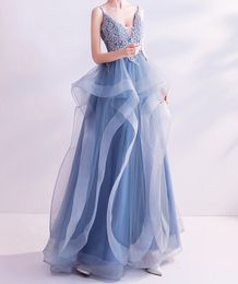 Fairy Smoky blue prom dresses Sexy Neckline Sheer with applique crystal Floor Length prom dress evening gowns