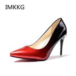 Spring Autumn Woman Dress Shoes Red Black Gradient Colour Supper High heels Shoes Women Patent Leather Pumps zapatos mujer Q033