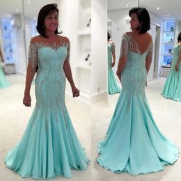 Mermaid Rhinestones Beading Mother Of The Bride Dresses Half Sleeves Bateau Neck Evening Gowns Chiffon Sequined Wedding Guest Dress 415