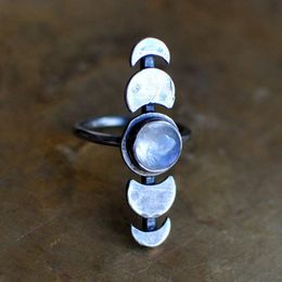 Retro Moon Phase Ring Cycle Ladies Imitate Moonstone Crystal Silver Colour Creative Jewellery Cluster Rings