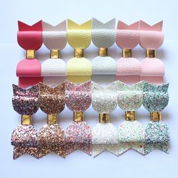 24 pcs Double Hair Bow Prince Cute Kids Girl Hairpins Faux Glitter Felt Litchi Stria Baby PU Leather Hair Grip Stripe Gold Clip Barrettes