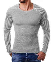 Fashion-Mens Crew Neck Sweaters Arm Rib Pleated Design Slim Sweaters Hommes Solid Colour Fit Knitted Tops Autumn Winter Sweaters