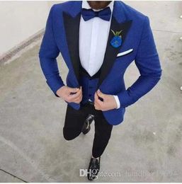Fashion One Button Blue Groom Tuxedos Peak Lapel Groomsmen Mens Wedding Suits 3 Pieces Blazer (Jacket+Pants+Vest+Tie) K68