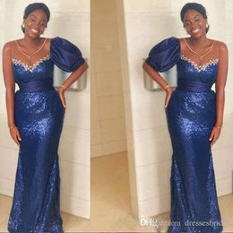 Royal Arfrica Style Blue Prom Mermaid Aso Ebi One Shoulder Sexy Lace Sequined Short Sleeve Formal Evening Dresses Custom Made