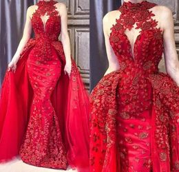 Luxury Evening Dresses With Detachable Train High Neck Lace Appliqued Pearls Sweep Train Red Mermaid Prom Dress Custom Plus Size Party Gowns