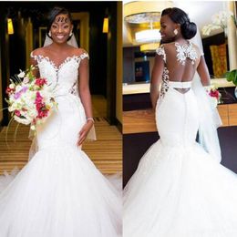 Fashion African Nigeria Mermaid Wedding Dresses Jewel Sheer Neck Sexy Backless Off Shoulder Lace Appliques Cutaway Sides Bridal Gowns