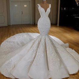 Luxury Wedding Dresses Mermaid Deep V Neck Lace Appliques Bridal Gowns Beads Long Train vestidos de novia