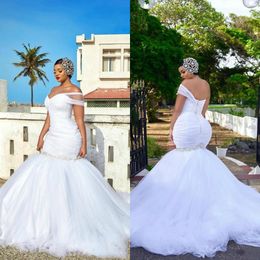 Newest African Mermaid Wedding Dresses Pleats Sweetheart One Shoulder Bridal Gowns Sweep Train Trumpet Beaded Wedding Dress